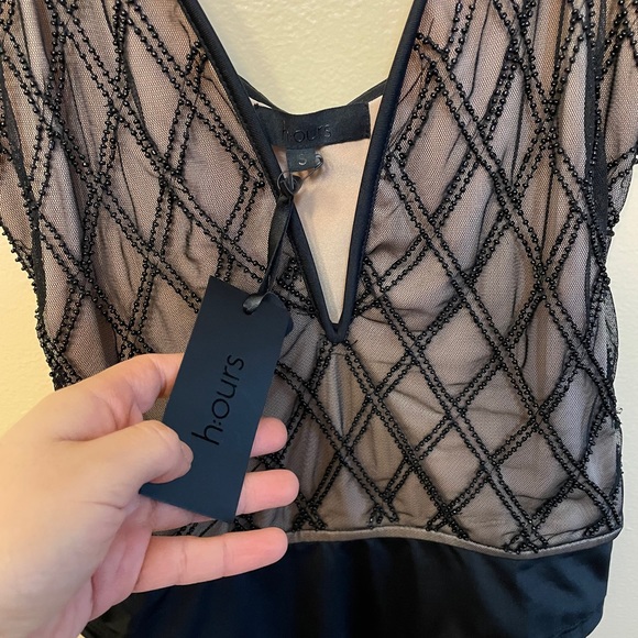 Plunge neck, black sheer beaded bodysuit - Picture 2 of 5